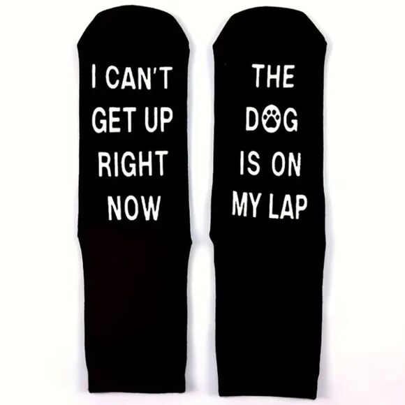 NWT - Black Novelty Socks with Fun White “Dog on Lap” Quirky Text - Picture 4 of 6